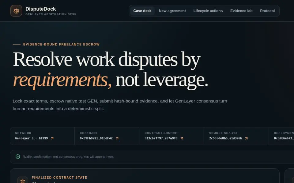 Dispute Dock public website — Requirements at the center of a dispute.