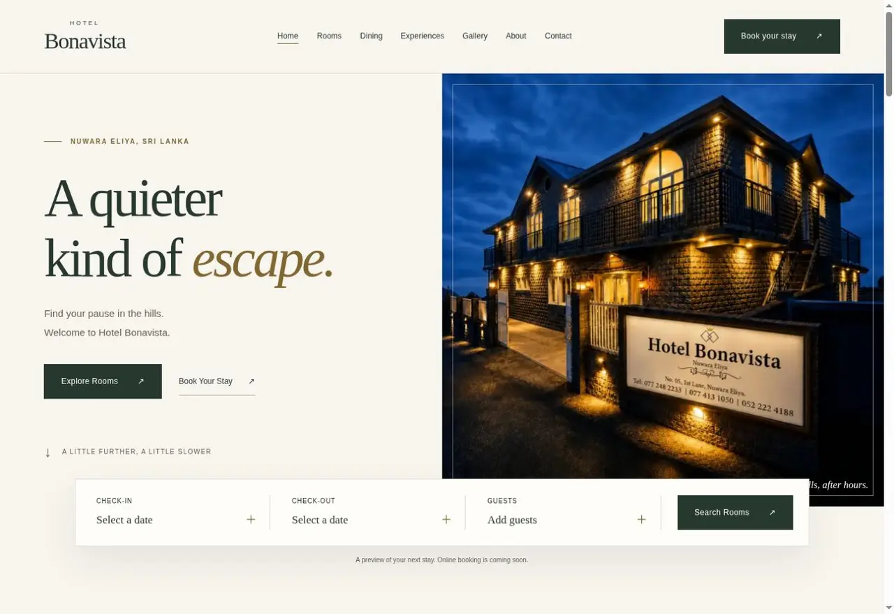 Hotel Bonavista public website — A quieter way to explore a hill-country stay.