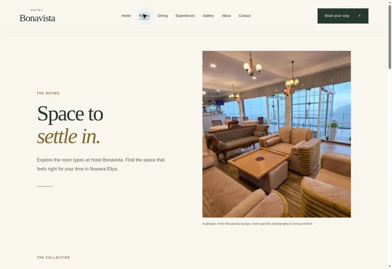 Hotel Bonavista room overview page with lounge photography and room discovery introduction