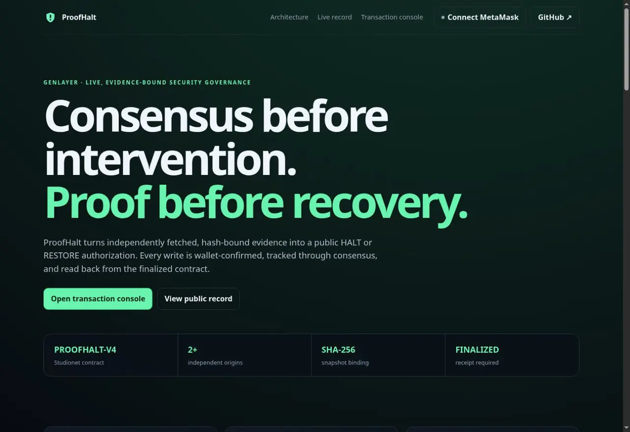 Proof Halt public website — Consensus before intervention.
