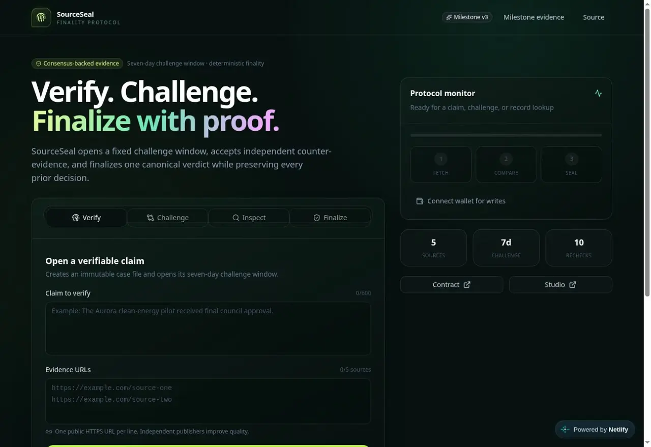 Source Seal public website — Verify. Challenge. Finalize with proof.
